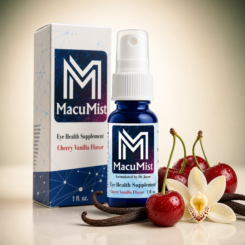 MacuMist cherry-vanilla eye health supplement spray with its box, formulated by Dr. Jason Gospodarek